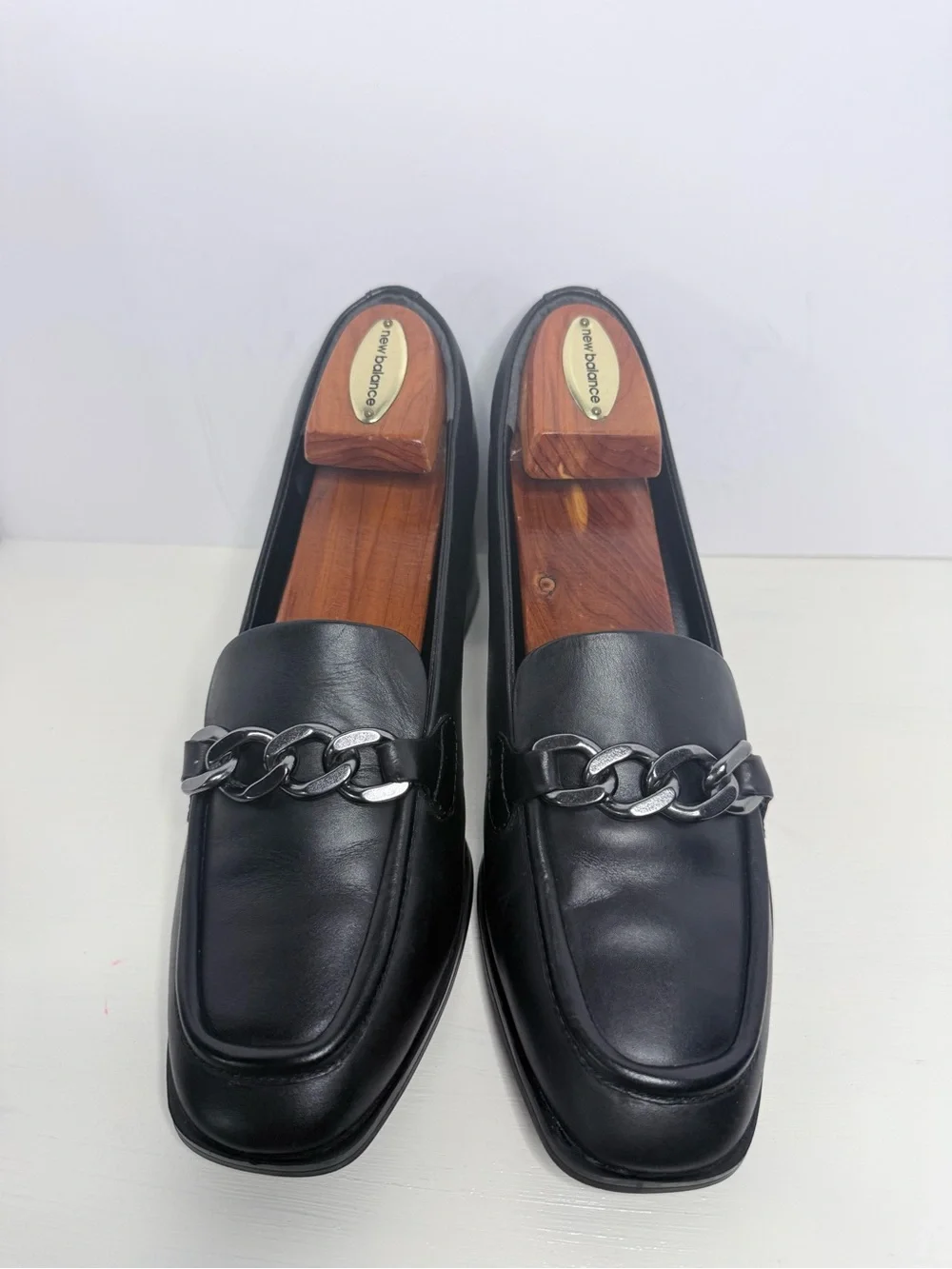 Nordstrom Black Leather Chain-Trim Block Heel Loafers Size 9.5